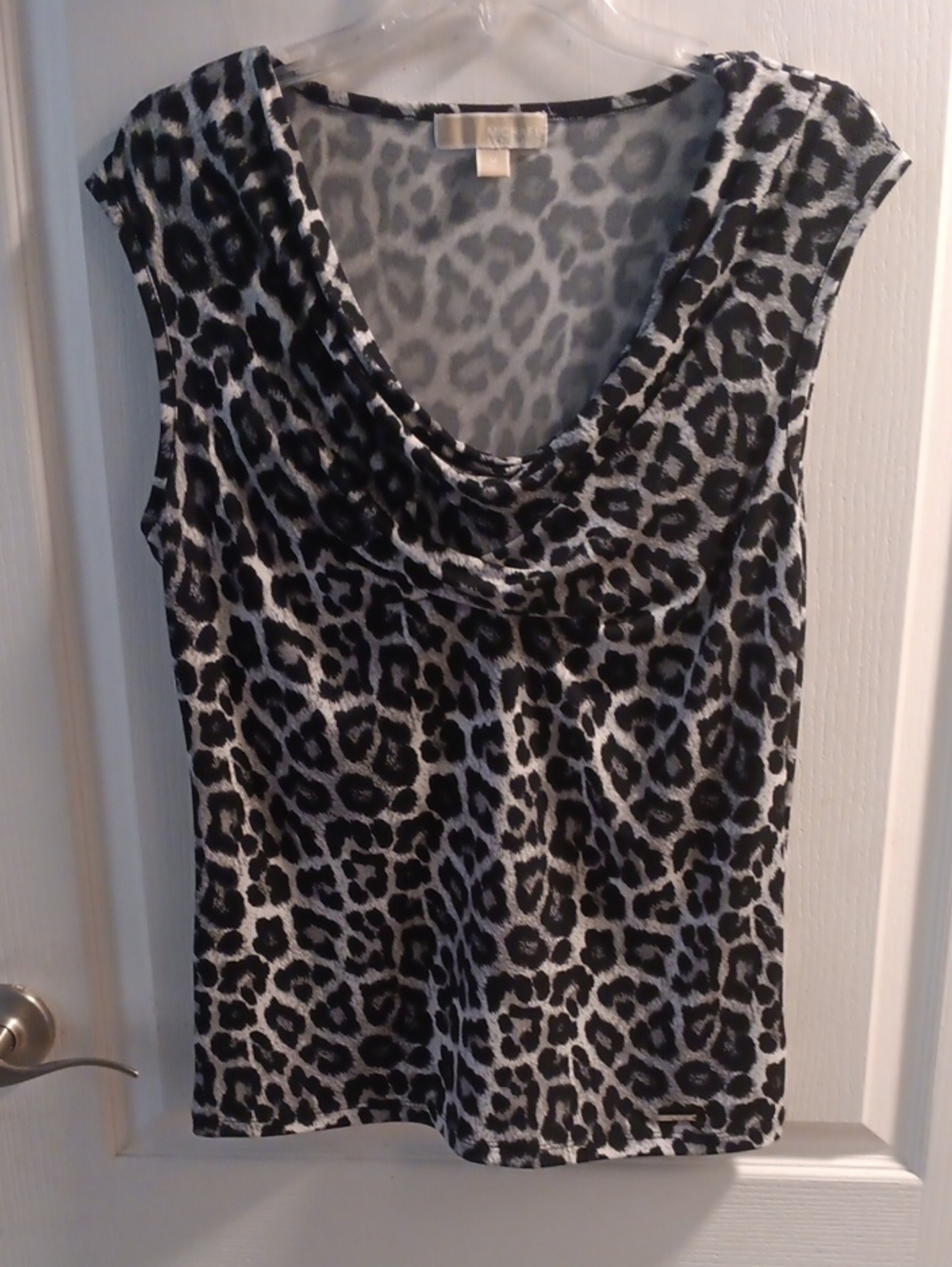 Michael Kors Sleeveless Cowl Neck Leopard Print Top - Black & White